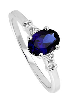 9ct White Gold Created Oval Sapphire & Diamond Ring