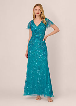 Adrianna Papell Flutter Sleeve Beaded Gown