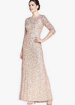 Adrianna Papell Natural Three-Quarter Sleeve Beaded Mermaid Gown
