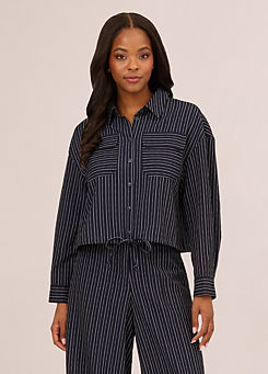 Adrianna Papell Pinstripe Button Up Woven Jacket Drawstring