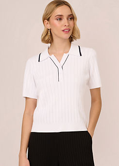 Adrianna Papell Pointelle Short Sleeve Tipped Polo Shirt