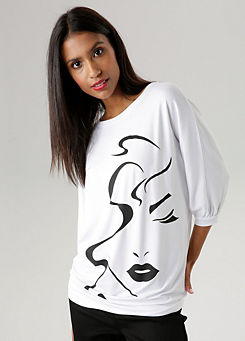 Aniston Abstract Face Front Print Top