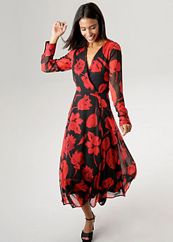 Aniston Floral Print Long Sleeve Wrap Midi Dress