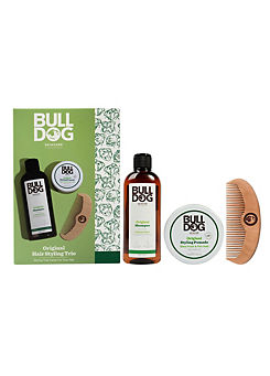 Bulldog Original Hair Styling Trio - Shampoo 300ml, Styling Pomade 75g & Wooden Comb