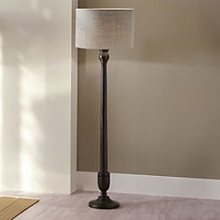 Captiva Antique Black Candlestick Wood Floor Lamp with Edward 35cm Natural Linen Cylinder Shade