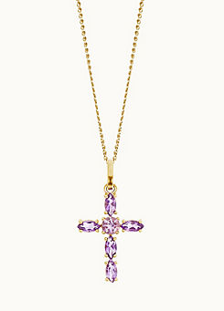 Colour Collection 9ct Yellow Gold Amethyst Cross Pendant Necklace 18 ins