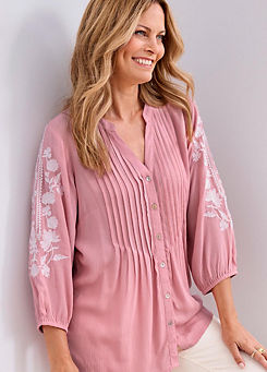 Cotton Traders Embroidered Sleeve Crinkle Blouse