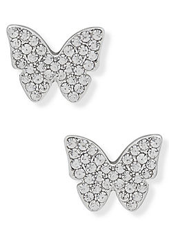 DKNY Pave Crystal Butterfly Stud Earrings in Silver Tone