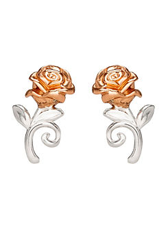 Disney Beauty & The Beast Two Tone Sterling Silver Rose Stud Earrings