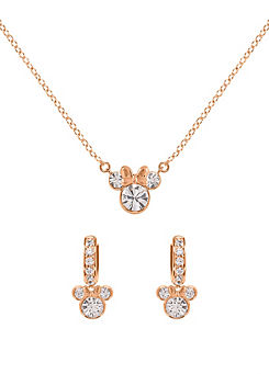 Disney Minnie Mouse Rose Gold Plated Clear Crystal Hoop Earrings & Necklace Set