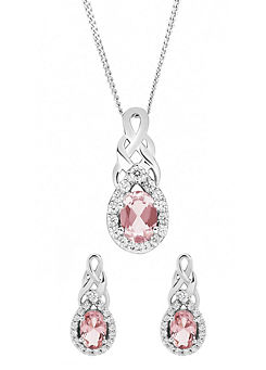 Emily & Ophelia Sterling Silver Cubic Zirconia & Nano Morganite Entwined Pendant Necklace & Earrings Set