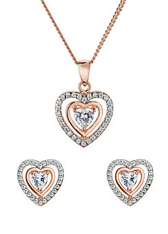 Emily & Ophelia Sterling Silver Rose Gold Plated Cubic Zirconia Heart Pendant & Stud Earrings Set