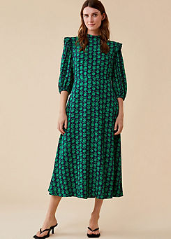 Finery Belen Puff Sleeve Dress in Green Floral Print with Ruffle Detail
