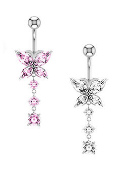 For You Collection Set of 2 Butterfly Cubic Zirconia Dangly Belly Button Bars