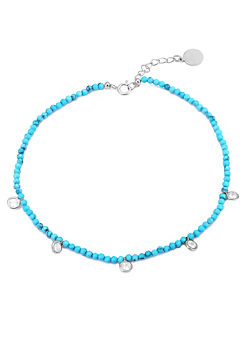 For You Collection Sterling Silver Aqua Bead & CZ Charm Adjustable Anklet