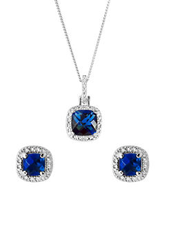 For You Collection Sterling Silver Blue Cubic Zirconia Cushion Cut Earring and Pendant Adjustable Necklace Set
