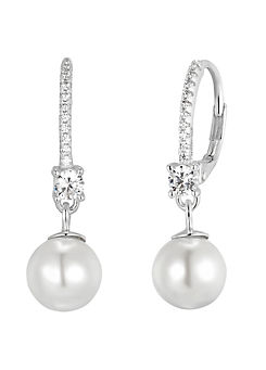 For You Collection Sterling Silver Leverback Pearl & Cubic Zirconia Drop Earrings