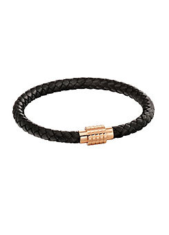 Fred Bennett Plaited Black Leather And Rose Gold IP Hexagon Clasp Mens Bracelet