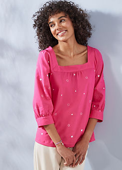 Freestyle Amelia Pink Cotton Linen Blend  Embroidery Star Square Neck Top