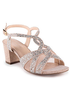 Glitter ’Nadia’ Champagne Wide Fit Block Heel Sandals by Paradox London