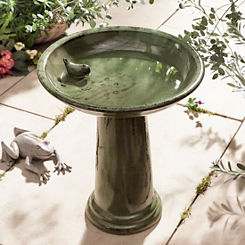 Green Ceramic Bird Bath on Pedestal