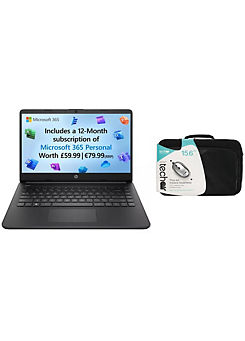 HP 14s - 14 Inch Laptop - Intel® Celeron®, 128 GB eMMC, Black - Office 365 Pre Installed - Case Bundle