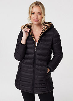 Izabel London Black Reversible Leopard Faux Fur Puffer Coat