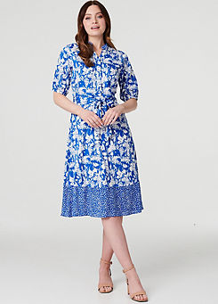 Izabel London Blue Floral Half Sleeve Midi Shirt Dress
