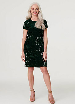 Izabel London Emerald Sequin Short Sleeve Shift Dress