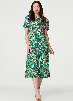 Izabel London Green Floral Puff Sleeve Ruched Midi Dress