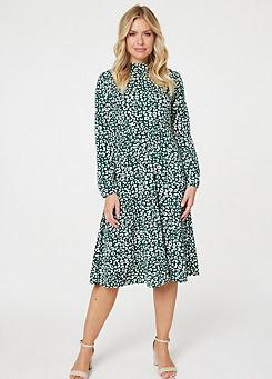 Izabel London Green Leopard Print High Neck Tea Dress