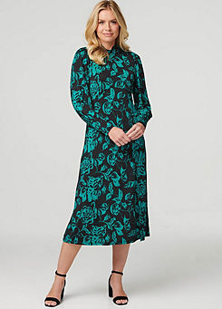 Izabel London Green Multi Floral High Neck Split Midi Dress