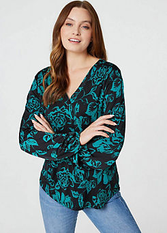 Izabel London Green Multi Floral Long Sleeve Relaxed Blouse