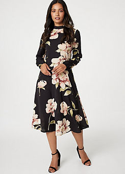 Izabel London Multi Black Floral Long Sleeved Midi Tea Dress