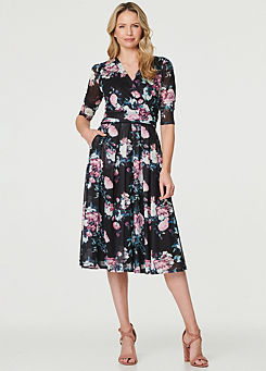 Izabel London Multi Black Floral Pleated Midi Wrap Tea Dress