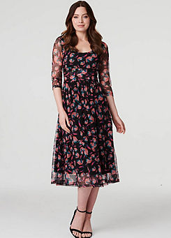 Izabel London Multi Black Floral Semi Sheer Ruched Midi Dress