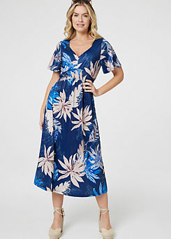 Izabel London Multi Blue Leaf Print Empire Waist Midi Dress
