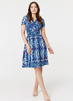 Izabel London Multi Blue Tie Dye Faux Wrap Short Dress