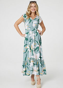 Izabel London Multi Green Lilly Print Lace Trim Maxi Dress