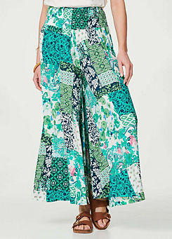 Izabel London Multi Green Patchwork Print High Waist Trousers