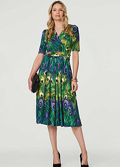 Izabel London Multi Green Peacock Print Ruched Waist Dress
