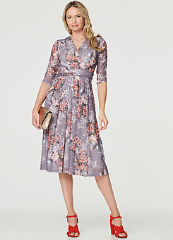Izabel London Multi Grey Floral Layered V-Neck Midi Dress