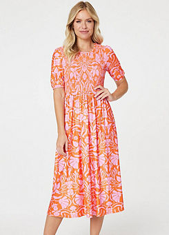 Izabel London Multi Orange Floral Smocked Detail Midi Dress
