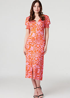 Izabel London Multi Orange Floral Tie Back Midi Tea Dress