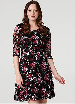 Izabel London Multi Red Rose Print Lace Overlay Short Dress