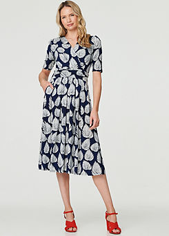 Izabel London Navy & White Printed Short Sleeve Wrap Tea Dress