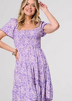 Izabel London Purple Printed Short Bardot Smock Dress