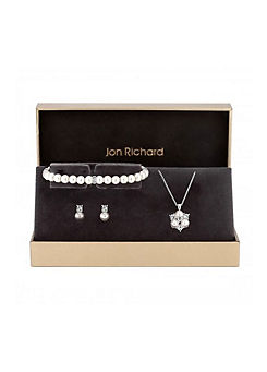 Jon Richard Silver Plated Clear Crystal Pearl & Crystal Cluster Trio Set- Gift Boxed