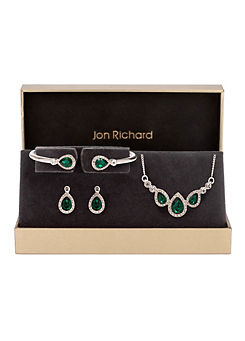 Jon Richard Silver Plated Emerald Green Pear Trio Set - Gift Boxed