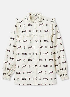 Joules Cream Horse Printed Frill Blouse